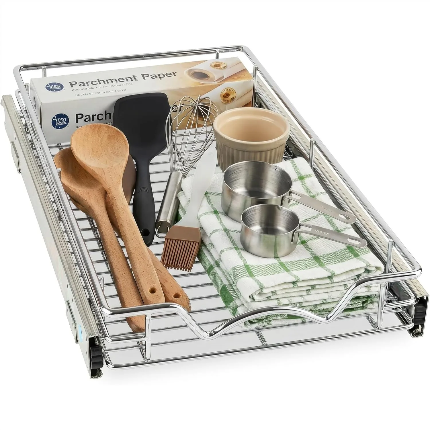 Pull Out Cabinet Organizer, Heavy Duty Chrome Caddy with Smooth Slide-Out Drawer, 8"W x 21"D, Fits 9-1/4" Opening, 50 lbs
Pull Out Cabinet Organizer, Heavy Duty Chrome Caddy with Smooth Slide-Out Drawer, 8"W x 21"D, Fits 9-1/4" Opening, 50 lbs