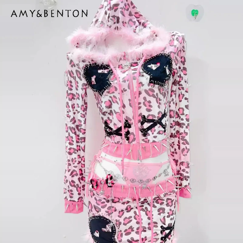 Original Design Pink Leopard Print Splicing Hot Girl Pin Rivet Women's Long Sleeve Top Punk Gothic Rock Mini Skirt Sets Ladies
Original Design Pink Leopard Print Splicing Hot Girl Pin Rivet Women's Long Sleeve Top Punk Gothic Rock Mini Skirt Sets Ladies