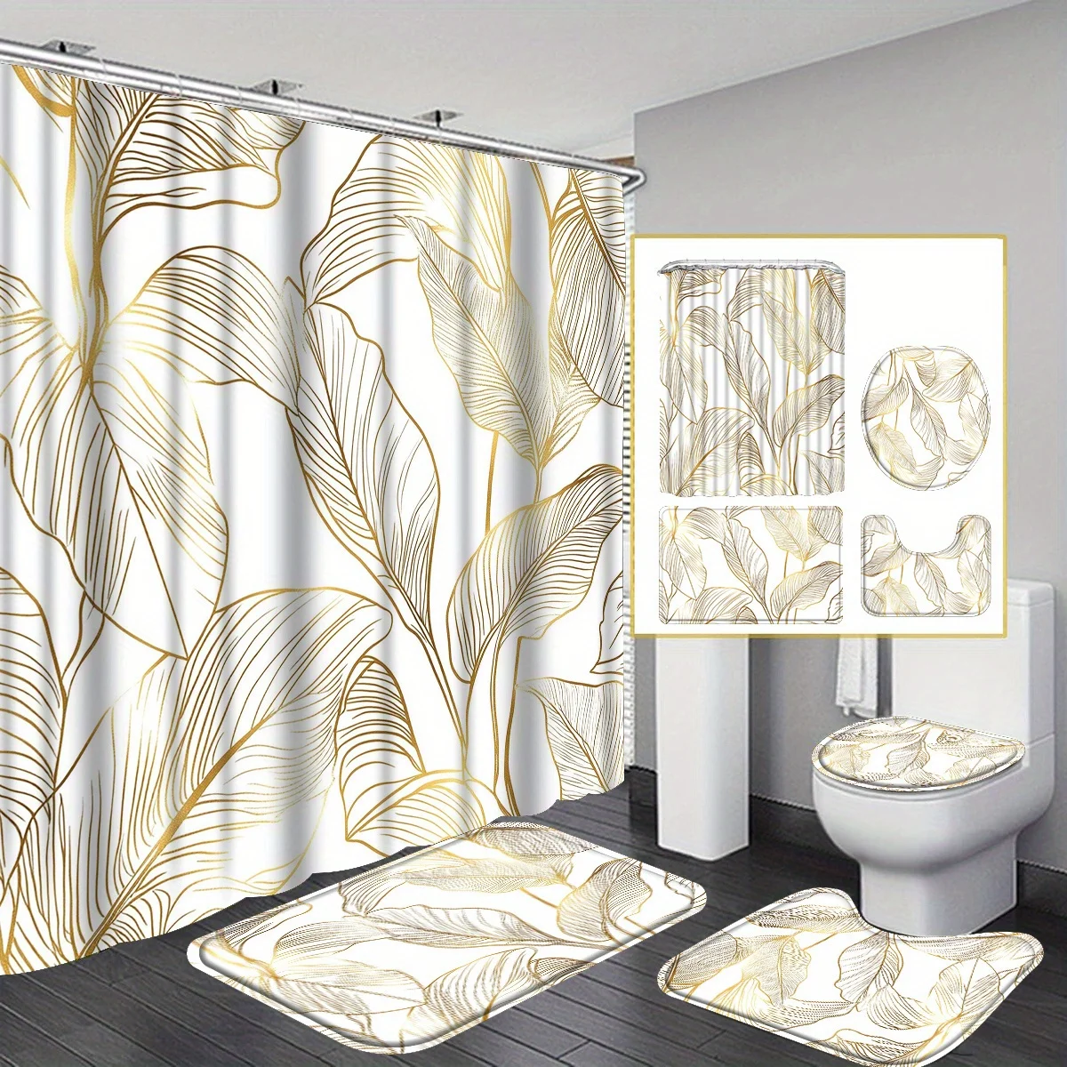 4pcs White Golden Tropical Leaves Shower Curtain Set, Banana Leaf Palm Tree Bathroom Sets with Shower Curtain and Rug and Access
4pcs White Golden Tropical Leaves Shower Curtain Set, Banana Leaf Palm Tree Bathroom Sets with Shower Curtain and Rug and Access