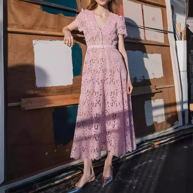 GetSpring Women Dress 2024 Summer Sweet Short Sleeve Pink Lace Dress Vintage Solid Belt Long Ladies Dresses New Arrival
GetSpring Women Dress 2024 Summer Sweet Short Sleeve Pink Lace Dress Vintage Solid Belt Long Ladies Dresses New Arrival