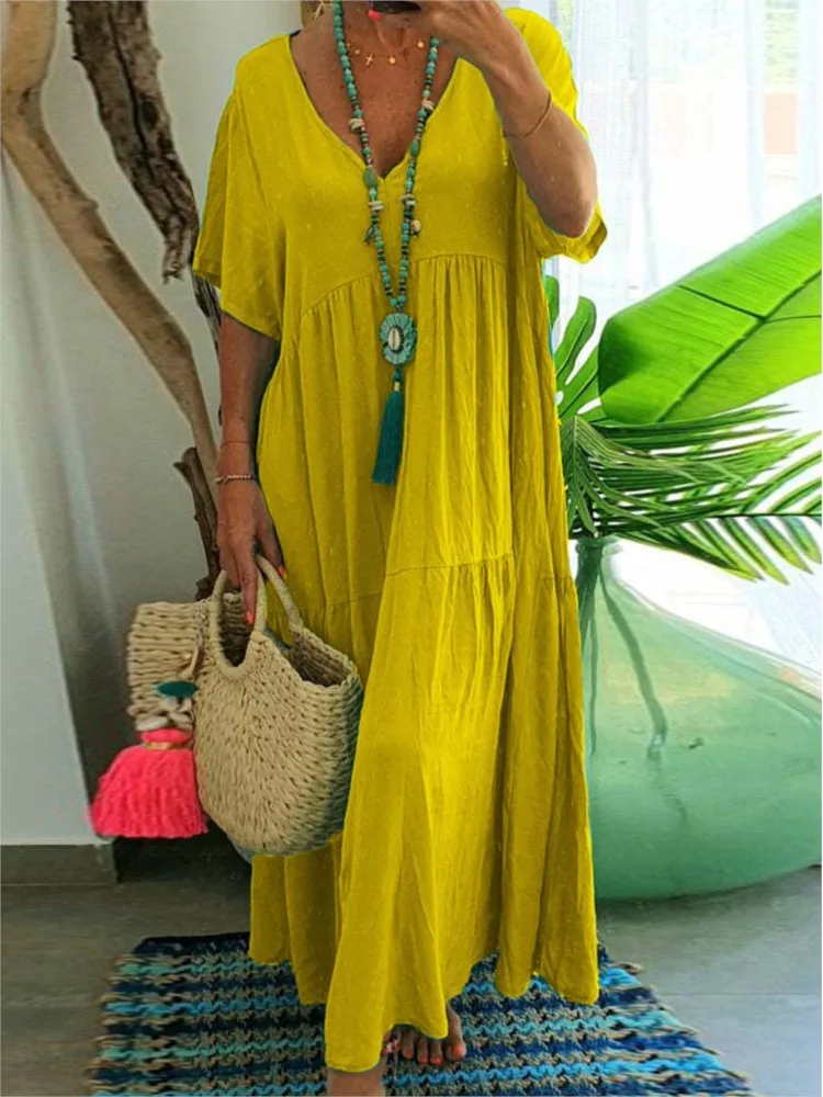 Summer Fashion Women's Solid Long Dresses 2025 Vintage Casual V-Neck Irregular Solid Elegant Big Hem Loose Maxi Dress
Summer Fashion Women's Solid Long Dresses 2025 Vintage Casual V-Neck Irregular Solid Elegant Big Hem Loose Maxi Dress