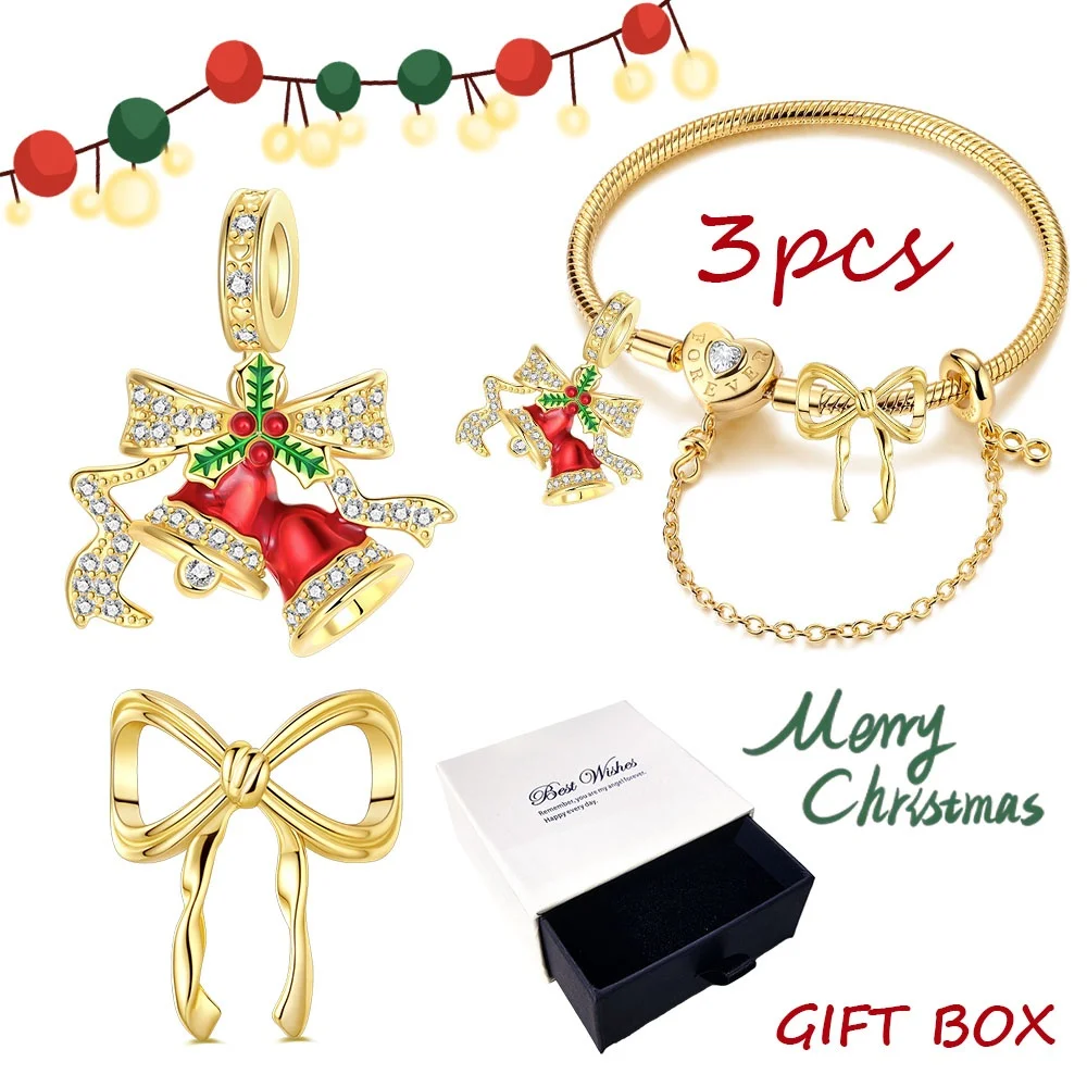 3pcs/lot Silver 925 Original Christmas Bow Bell Golden Charm Set Hand of Fashion Safety Chain Bracelet With Box Jewelry Gifts
3pcs/lot Silver 925 Original Christmas Bow Bell Golden Charm Set Hand of Fashion Safety Chain Bracelet With Box Jewelry Gifts