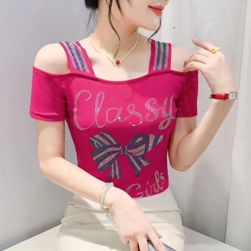 High Quality Brand Bow Letter Design Sexy Off Shoulder Shiny Hot Diamonds Women Fashion Chic T-Shirt Tees Tops Ladies Shirts
High Quality Brand Bow Letter Design Sexy Off Shoulder Shiny Hot Diamonds Women Fashion Chic T-Shirt Tees Tops Ladies Shirts