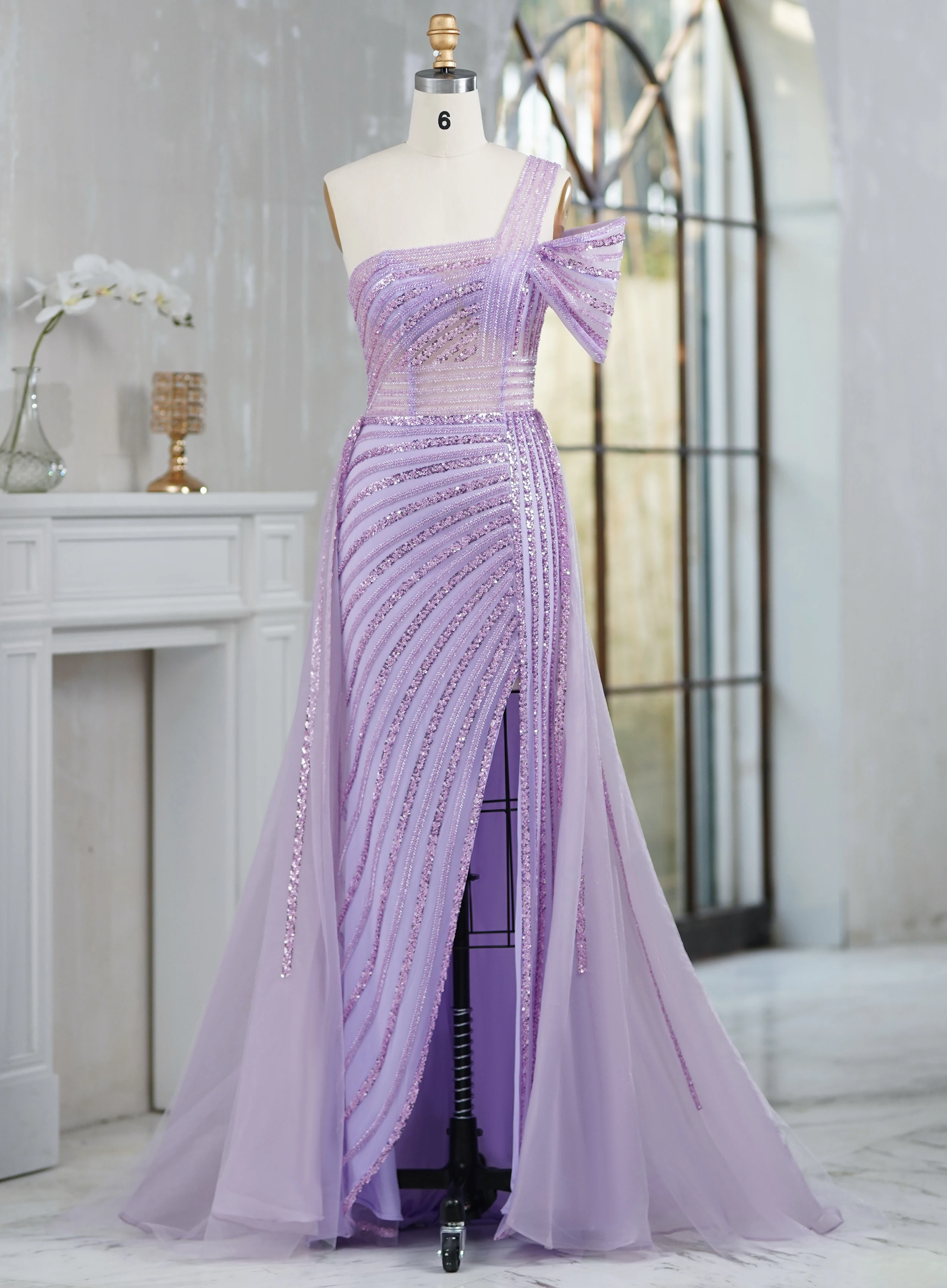 Linyang Light Purple Luxury One Shoulder Prom Dress Floor Length With High Split Beaded Elegant Evening Party Dress For Women
Linyang Light Purple Luxury One Shoulder Prom Dress Floor Length With High Split Beaded Elegant Evening Party Dress For Women
