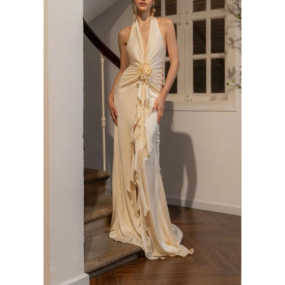 Elegant Women's Prom Dress Halter V-neck Flower Pleat Long A-line Slit Evening Dresses Floor Length Cocktail Evening Party Dress
Elegant Women's Prom Dress Halter V-neck Flower Pleat Long A-line Slit Evening Dresses Floor Length Cocktail Evening Party Dress