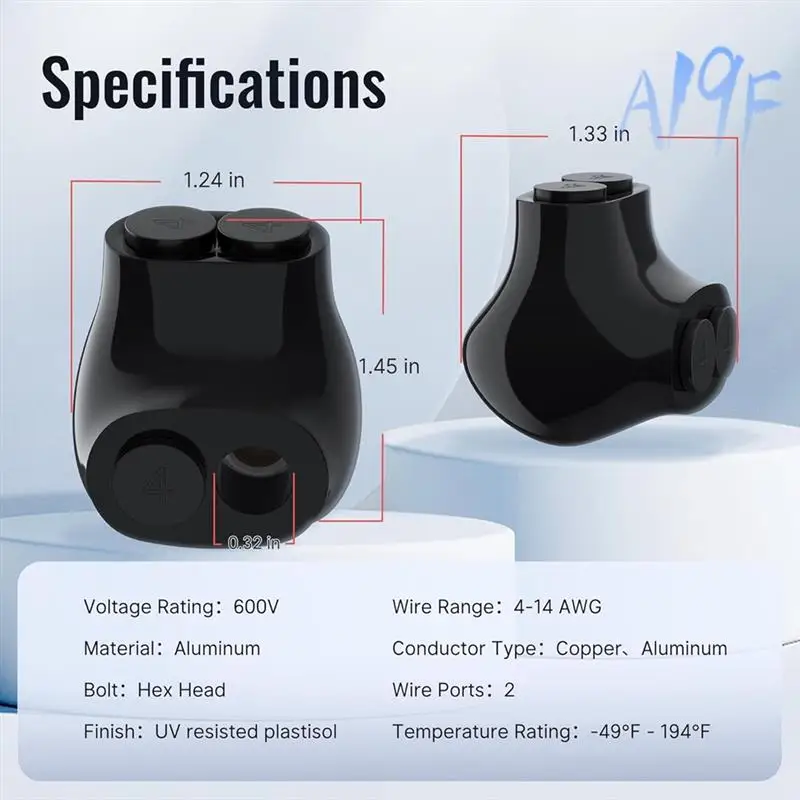 A19F-2 Port Insulated Multi Tap Connector 4-14 AWG Aluminum To Copper Wire Single-Sided Entry Connects 5 Pack
A19F-2 Port Insulated Multi Tap Connector 4-14 AWG Aluminum To Copper Wire Single-Sided Entry Connects 5 Pack