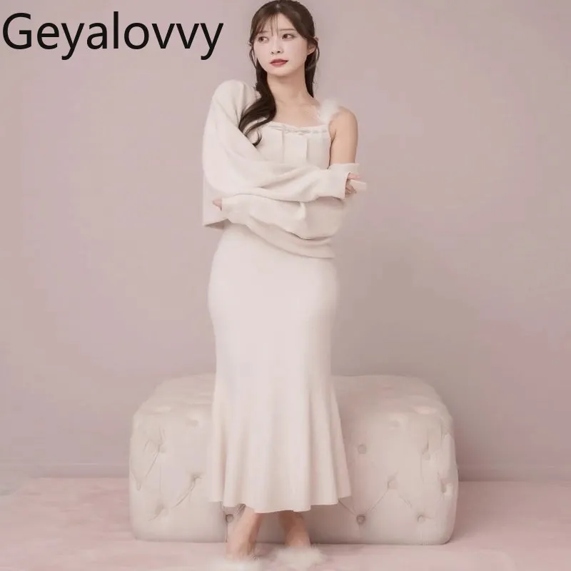 Sweet Pure Desire, вязаное платье русалки в японском стиле со страусиными перьями и бантом на талии + блузка, комплект из двух предметов для женщин
Sweet Pure Desire, вязаное платье русалки в японском стиле со страусиными перьями и бантом на талии + блузка, комплект из двух предметов для женщин