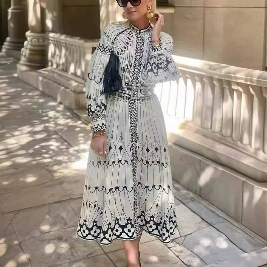 Spring and Summer New Court Style Temperament Elegant Long-sleeved Belt Buckle Print Dress Women
Spring and Summer New Court Style Temperament Elegant Long-sleeved Belt Buckle Print Dress Women