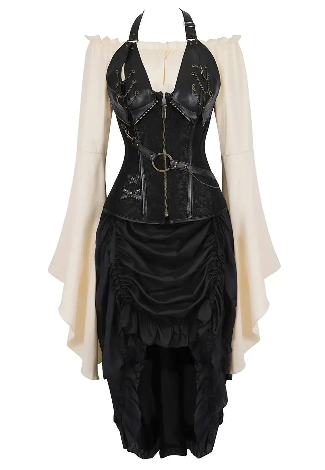 Leather Corset for Women Bustiers with Pirate Skirt and Blouse Halterneck Corsage Sexy 3 Piece Evening Party Costume Goth Outfit
Leather Corset for Women Bustiers with Pirate Skirt and Blouse Halterneck Corsage Sexy 3 Piece Evening Party Costume Goth Outfit
