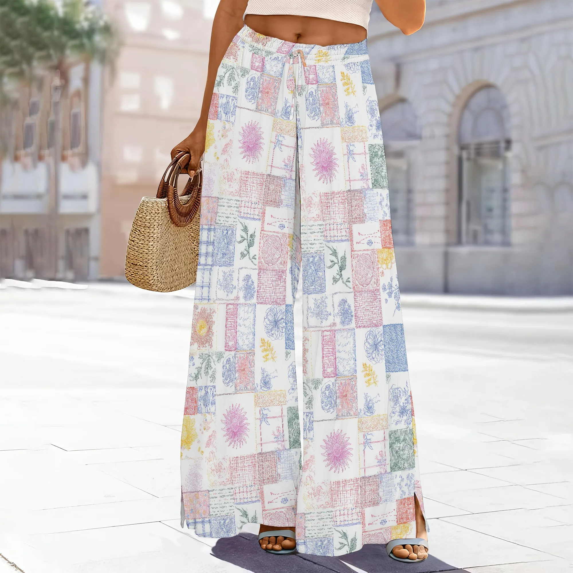 Women's High-Waisted Grey Floral Print Wide-Leg Pants Elastic Waist Pockets Slit Polyester Fall Sleek
Women's High-Waisted Grey Floral Print Wide-Leg Pants Elastic Waist Pockets Slit Polyester Fall Sleek