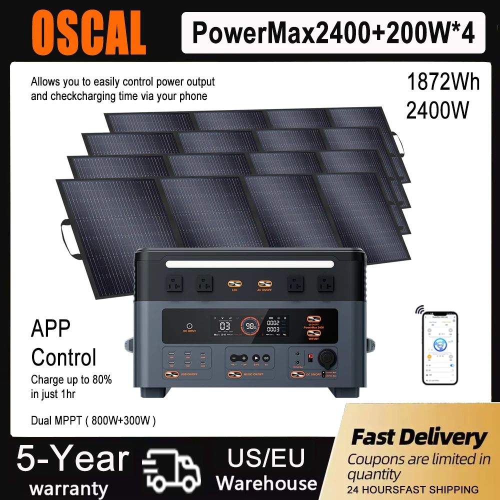 Электростанция OSCAL 1872Wh, двойная MPPT PM2400 с солнечной панелью мощностью 200 Вт * 4 (макс. 800 Вт), аварийное резервное копирование с управлением через приложение для приключений
Электростанция OSCAL 1872Wh, двойная MPPT PM2400 с солнечной панелью мощностью 200 Вт * 4 (макс. 800 Вт), аварийное резервное копирование с управлением через приложение для приключений