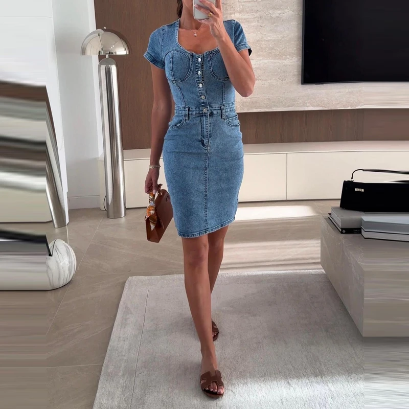 Vintage Solid Slim Bodycon Denim Mini Dress Women's Spring U Neck Button Office Dress Summer Short Sleeve Cowboy Evening Dresses
Vintage Solid Slim Bodycon Denim Mini Dress Women's Spring U Neck Button Office Dress Summer Short Sleeve Cowboy Evening Dresses