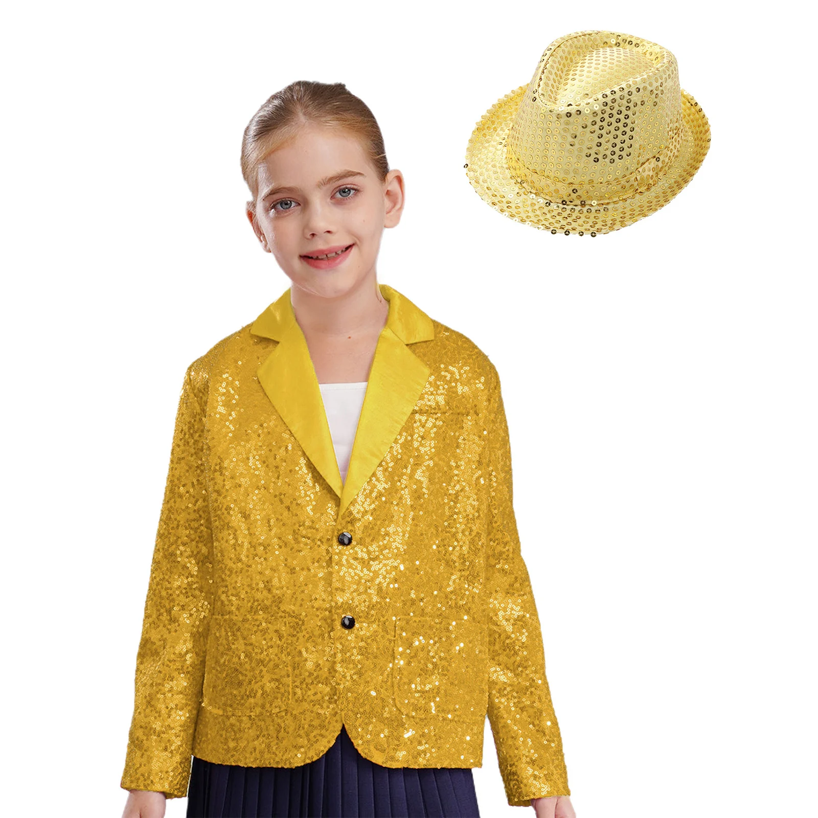 Kids Girls Jazz Dance Outfit 2Pcs/Set Lapel Long Sleeve Sparkly Sequins Blazer Jacket+Hat for Hip Hop Dance Stage Performance
Kids Girls Jazz Dance Outfit 2Pcs/Set Lapel Long Sleeve Sparkly Sequins Blazer Jacket+Hat for Hip Hop Dance Stage Performance