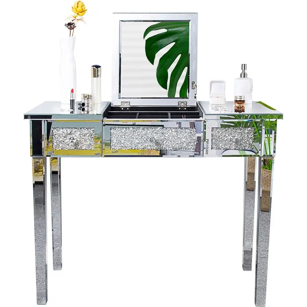VINGLI Silver Mirrored Vanity Desk, Glass Vanity w/Drawers and Flip Mirror, Bling Mirror Vanity Desk for Women Girls Bedroom, Ma
VINGLI Silver Mirrored Vanity Desk, Glass Vanity w/Drawers and Flip Mirror, Bling Mirror Vanity Desk for Women Girls Bedroom, Ma