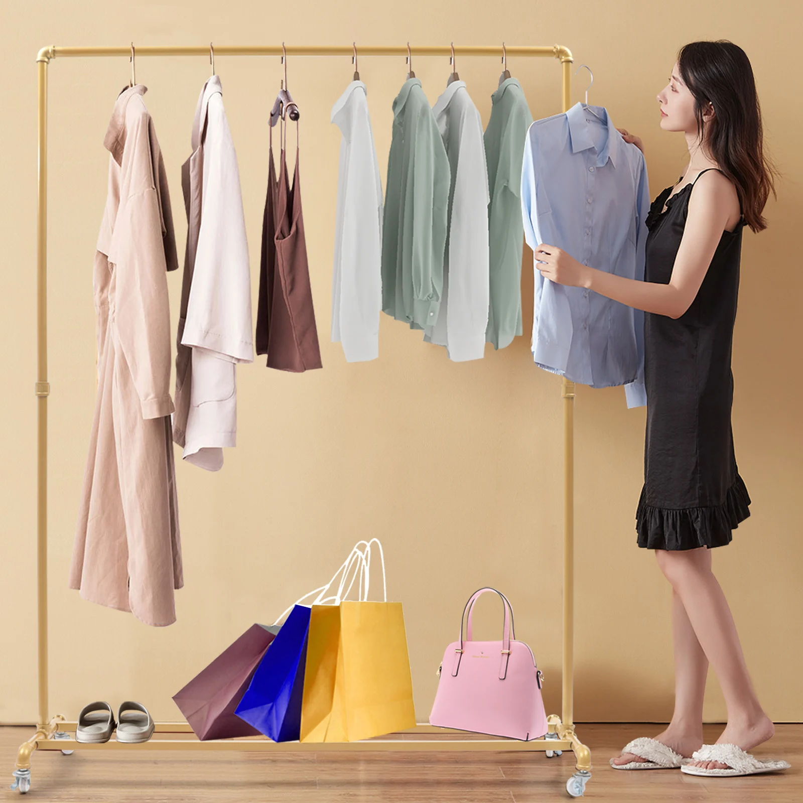 Gold Clothes Rack Industrial Clothing Rack w/ Wheels, Wardrobe Storage Organizer w/ Hanging Rod Shoe Shelf, 160cm Clothes Rail
Gold Clothes Rack Industrial Clothing Rack w/ Wheels, Wardrobe Storage Organizer w/ Hanging Rod Shoe Shelf, 160cm Clothes Rail