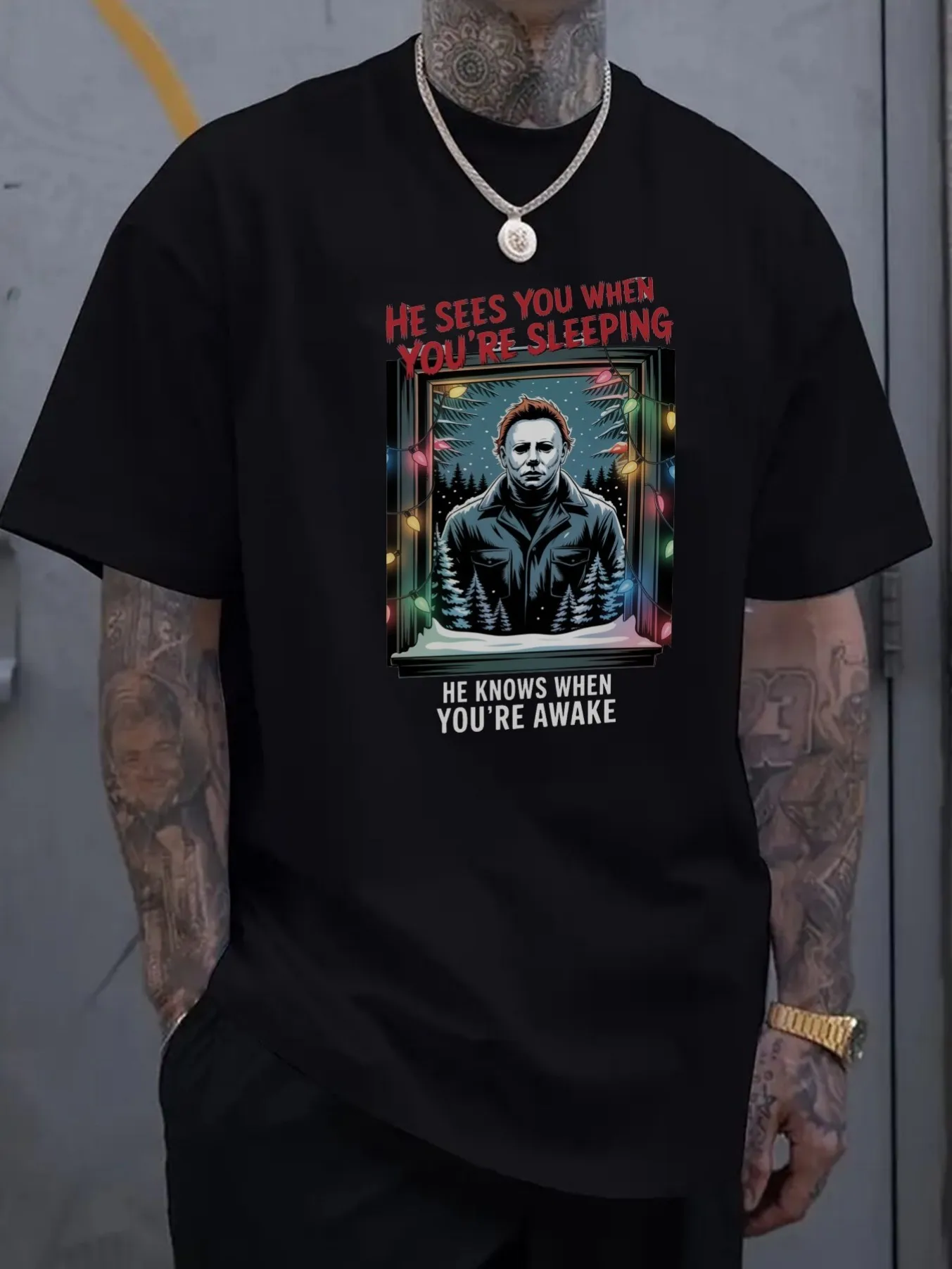 Men's Black T-Shirt, Horror Movie Character and Slogan Design-- Suitable for Halloween or Horror Movie Enthusiasts
Men's Black T-Shirt, Horror Movie Character and Slogan Design-- Suitable for Halloween or Horror Movie Enthusiasts