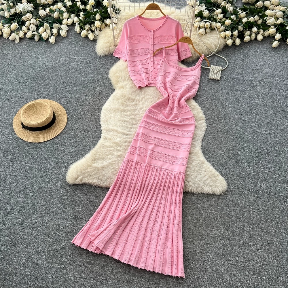 Luxury Beaded Knitted Two-Piece Dress Set for Women Sleeveless Spaghetti Strap Long Dress +Matching Cardigans Streetwear Clothes
Luxury Beaded Knitted Two-Piece Dress Set for Women Sleeveless Spaghetti Strap Long Dress +Matching Cardigans Streetwear Clothes