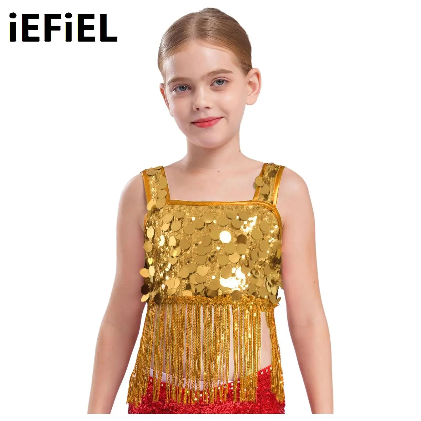 Kids Girls Shiny Sequin Tassels Dance Tops Wide Shoulder Straps Top for Jazz Party Performance Competition
Kids Girls Shiny Sequin Tassels Dance Tops Wide Shoulder Straps Top for Jazz Party Performance Competition