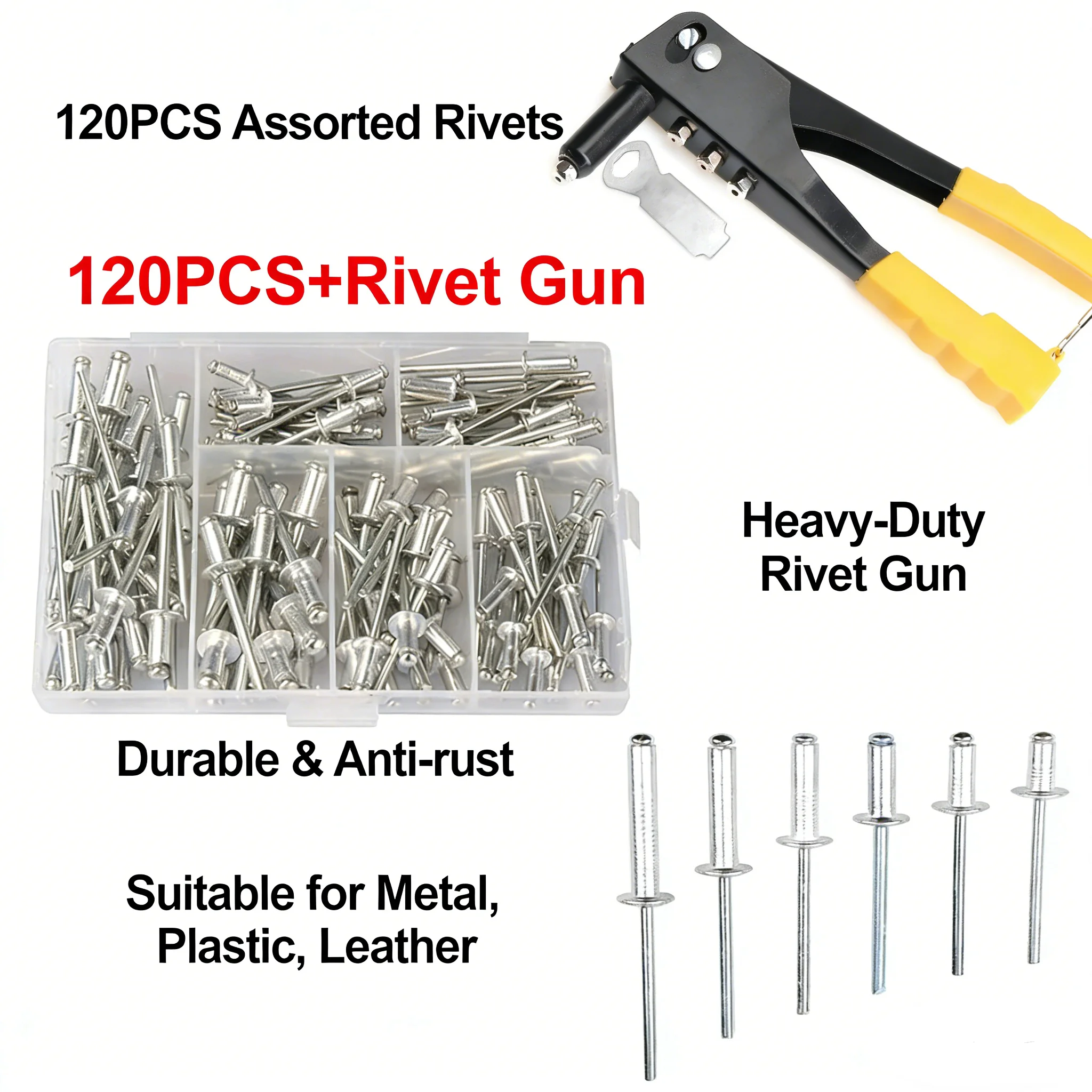 Heavy Duty Riveter Set Pop Rivet Gun and 120Pcs Blind Rivets Assortment Kit Hand Tools Rivet Nut Tool
Heavy Duty Riveter Set Pop Rivet Gun and 120Pcs Blind Rivets Assortment Kit Hand Tools Rivet Nut Tool