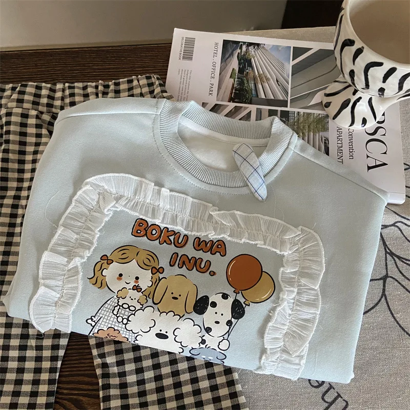 Children's Clothing New Autumn Girls Cartoon Printed Sweatshirt Children's Western Style Plaid Flared Pants Two-piece Set
Children's Clothing New Autumn Girls Cartoon Printed Sweatshirt Children's Western Style Plaid Flared Pants Two-piece Set
