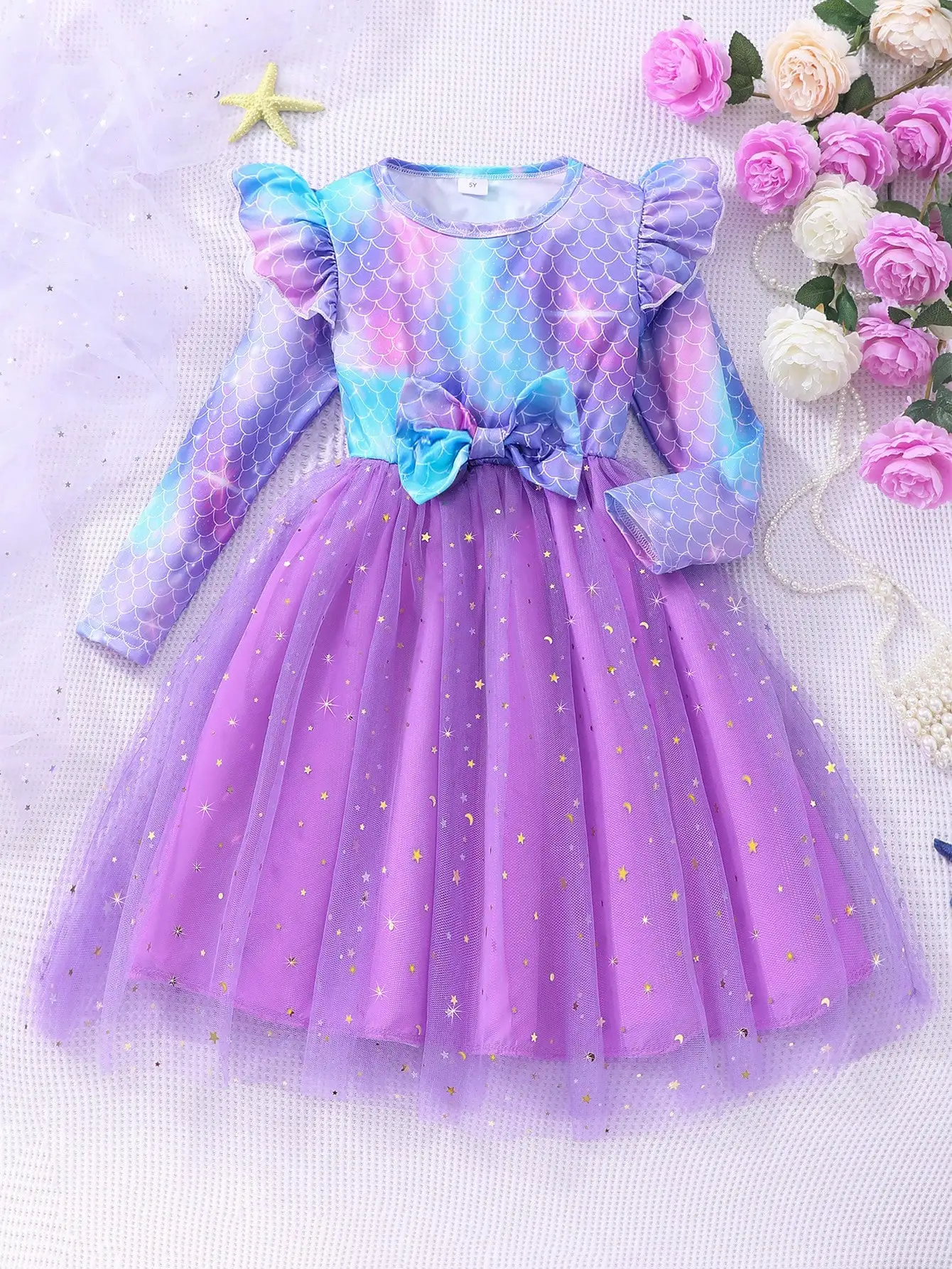 Girls Long Sleeve Mermaid Scale Print Dress with Bow & Starry Tulle Skirt
Girls Long Sleeve Mermaid Scale Print Dress with Bow & Starry Tulle Skirt