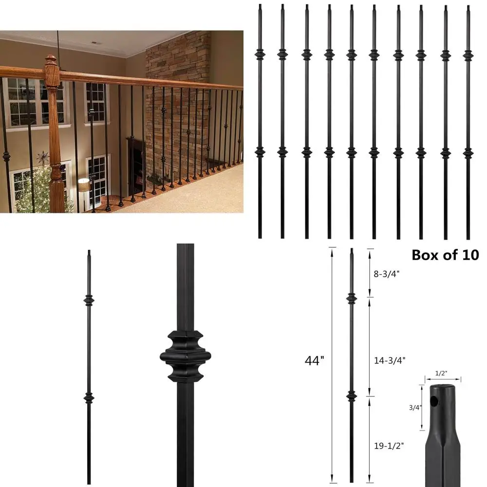 Set of 10 Hollow Double Knuckle Iron Balusters for Decks and Spiral Stair Railings - 1/2-inch Satin Black Metal Spindles
Set of 10 Hollow Double Knuckle Iron Balusters for Decks and Spiral Stair Railings - 1/2-inch Satin Black Metal Spindles