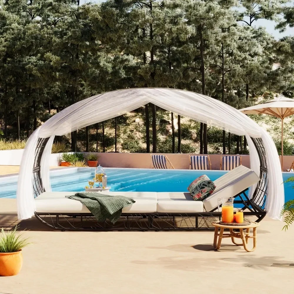 Outdoor PE Rattan Daybed Double Reclining Chairs with Adjustable Backrest and Curtain, All Weather Patio Sunbed Lounge Chair
Outdoor PE Rattan Daybed Double Reclining Chairs with Adjustable Backrest and Curtain, All Weather Patio Sunbed Lounge Chair