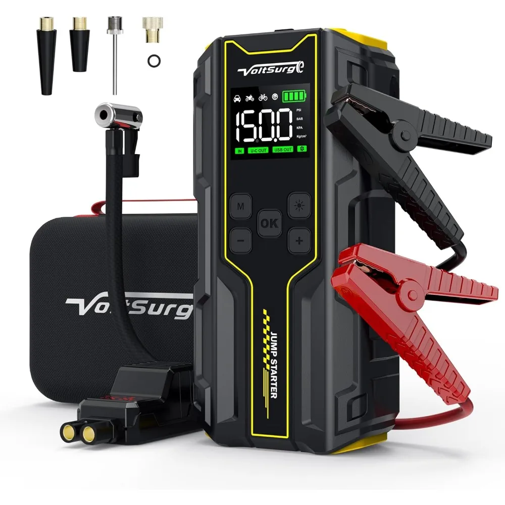Car Jump Starter with Air Compressor, 6000A Peak 12V Battery Jumper Starter Portable Booster Pack, 150PSI Safe Jump Box
Car Jump Starter with Air Compressor, 6000A Peak 12V Battery Jumper Starter Portable Booster Pack, 150PSI Safe Jump Box