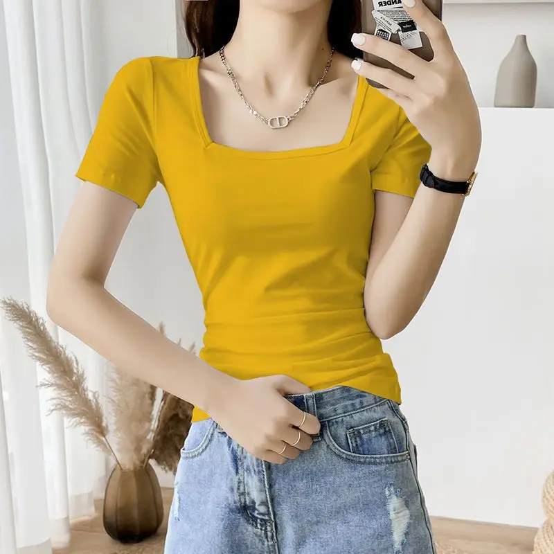 Fashion Square Collar Solid Color Short Sleeve T-Shirt Female Clothing 2024 Summer New Slim All-match Tops Casual Tee Shirt
Fashion Square Collar Solid Color Short Sleeve T-Shirt Female Clothing 2024 Summer New Slim All-match Tops Casual Tee Shirt