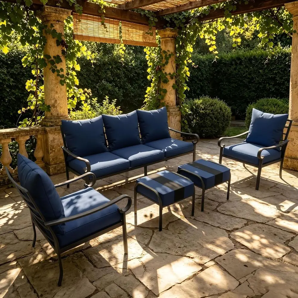 5-Piece Metal Patio Furniture Set: Navy Blue 3-Seater Sofa, 2 Fixed Chairs, 2 Ottomans with 5.75 Thick Cushions
5-Piece Metal Patio Furniture Set: Navy Blue 3-Seater Sofa, 2 Fixed Chairs, 2 Ottomans with 5.75 Thick Cushions