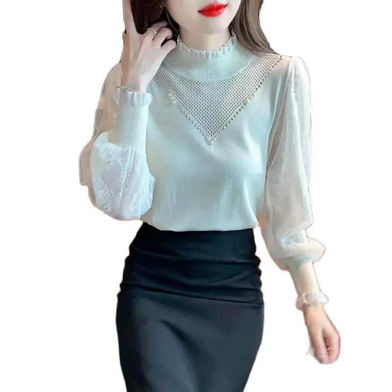 2024 Spring Autumn Ladies' Lace Shirts Stand Collar Long Sleeve Knitted Patchwork Beading Top Lantern Sleeve Sweet Women's Tees
2024 Spring Autumn Ladies' Lace Shirts Stand Collar Long Sleeve Knitted Patchwork Beading Top Lantern Sleeve Sweet Women's Tees