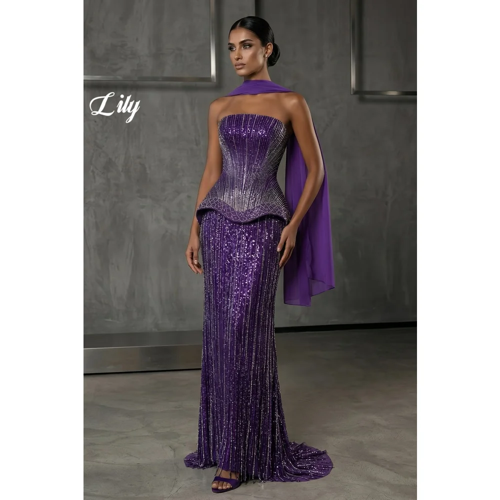Lily Purple Prom Dresses Strapless Beaded Evening Dress with Flowing Chiffon Cape Floor-Length Formal Occasion Gown Customized
Lily Purple Prom Dresses Strapless Beaded Evening Dress with Flowing Chiffon Cape Floor-Length Formal Occasion Gown Customized