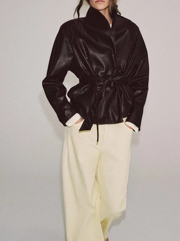 Fashionable Casual High Collar Leather Effect Jacket Women's Short Outerwear with Belt New Arrival Summer 2026 Elegant
Fashionable Casual High Collar Leather Effect Jacket Women's Short Outerwear with Belt New Arrival Summer 2026 Elegant