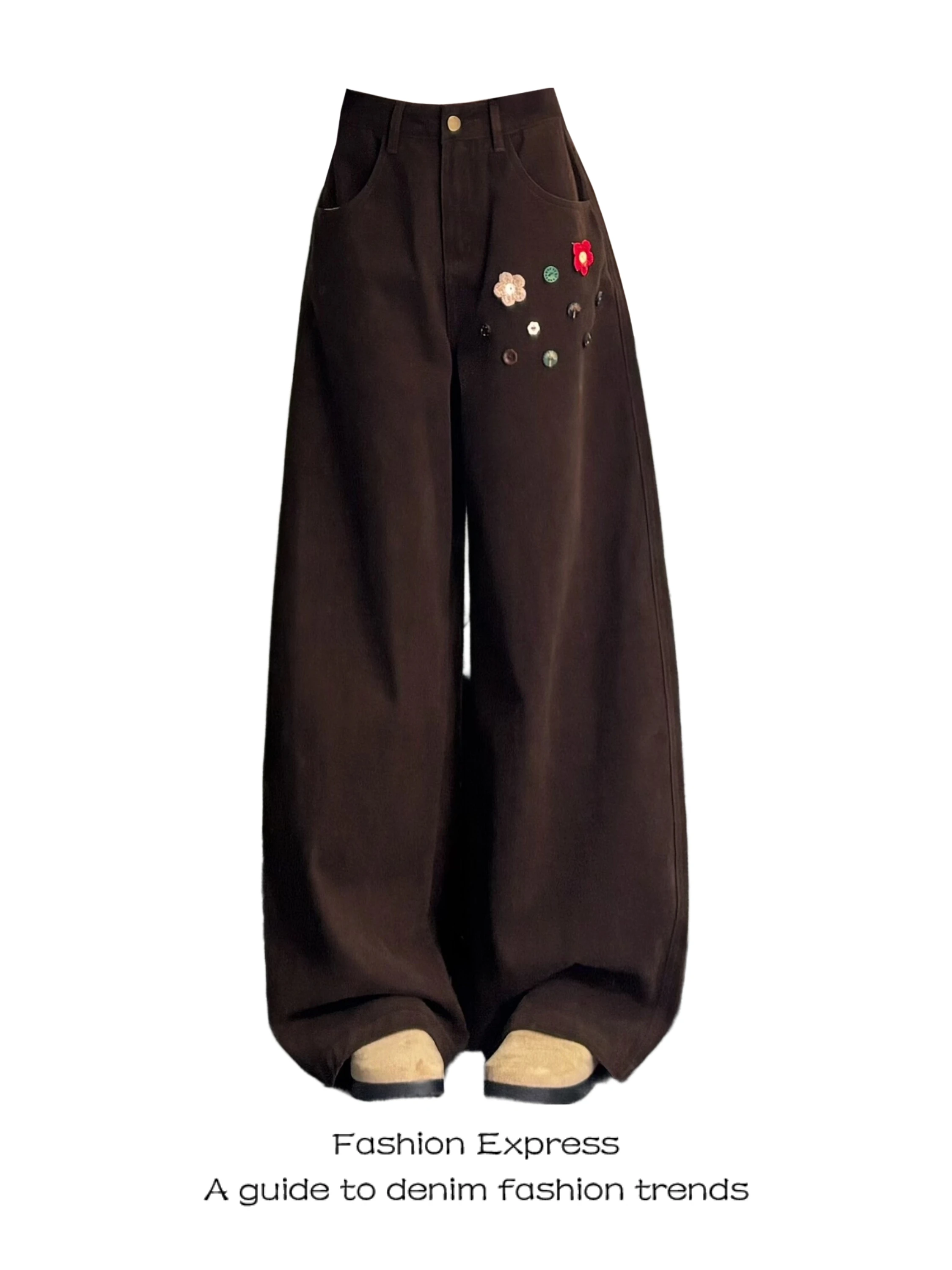 Floral Button Detail Cargo Pants Women's Coffee Color Wide Leg Retro Style Casual Jeans High Waist Denim Fabric Wear Resistant
Floral Button Detail Cargo Pants Women's Coffee Color Wide Leg Retro Style Casual Jeans High Waist Denim Fabric Wear Resistant