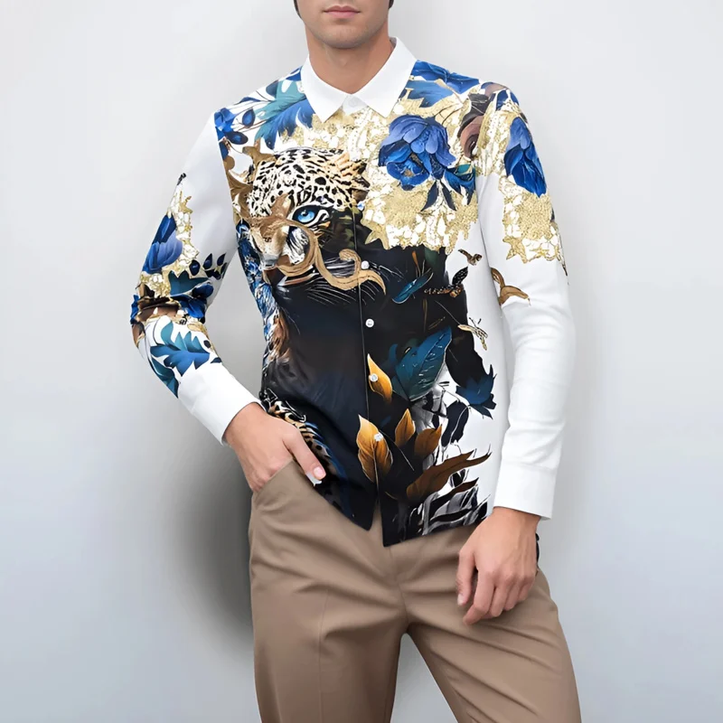 Роскошная мужская рубашка с длинным рукавом и леопардовым принтом, с отделкой из стразов, удобная посадка, эластичная ткань, не требующая глажки, без складок, повседневная
Роскошная мужская рубашка с длинным рукавом и леопардовым принтом, с отделкой из стразов, удобная посадка, эластичная ткань, не требующая глажки, без складок, повседневная
