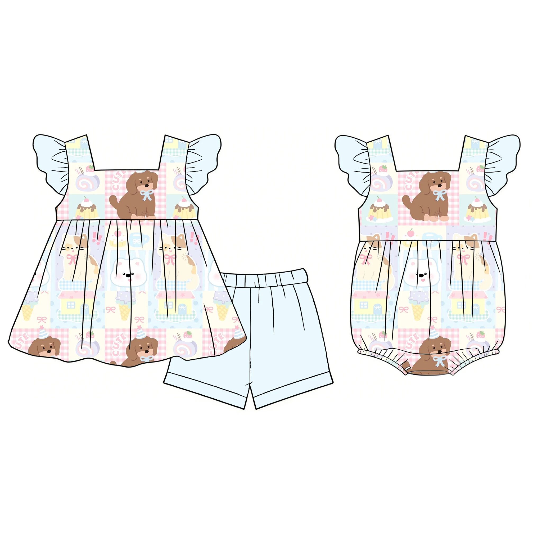 Kids Square neck small flying sleeve dress with shorts girl suit dessert animal print matching romper milk silk custom wholesale
Kids Square neck small flying sleeve dress with shorts girl suit dessert animal print matching romper milk silk custom wholesale