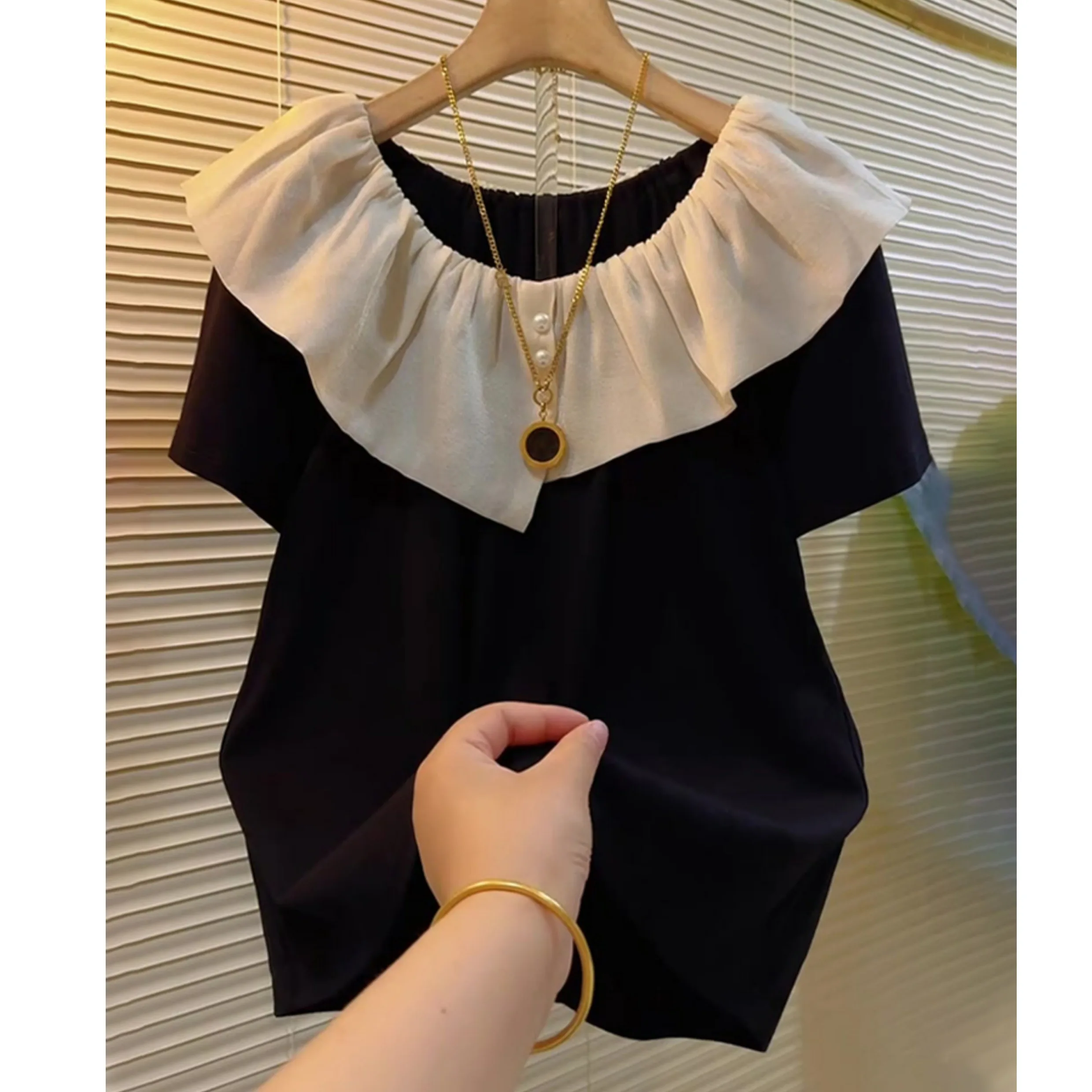 Ele Color Blo Lace Collar Women's Top ort Sve Faionable Youthful Design Summer New Arrival Polyester Fiber
Ele Color Blo Lace Collar Women's Top ort Sve Faionable Youthful Design Summer New Arrival Polyester Fiber