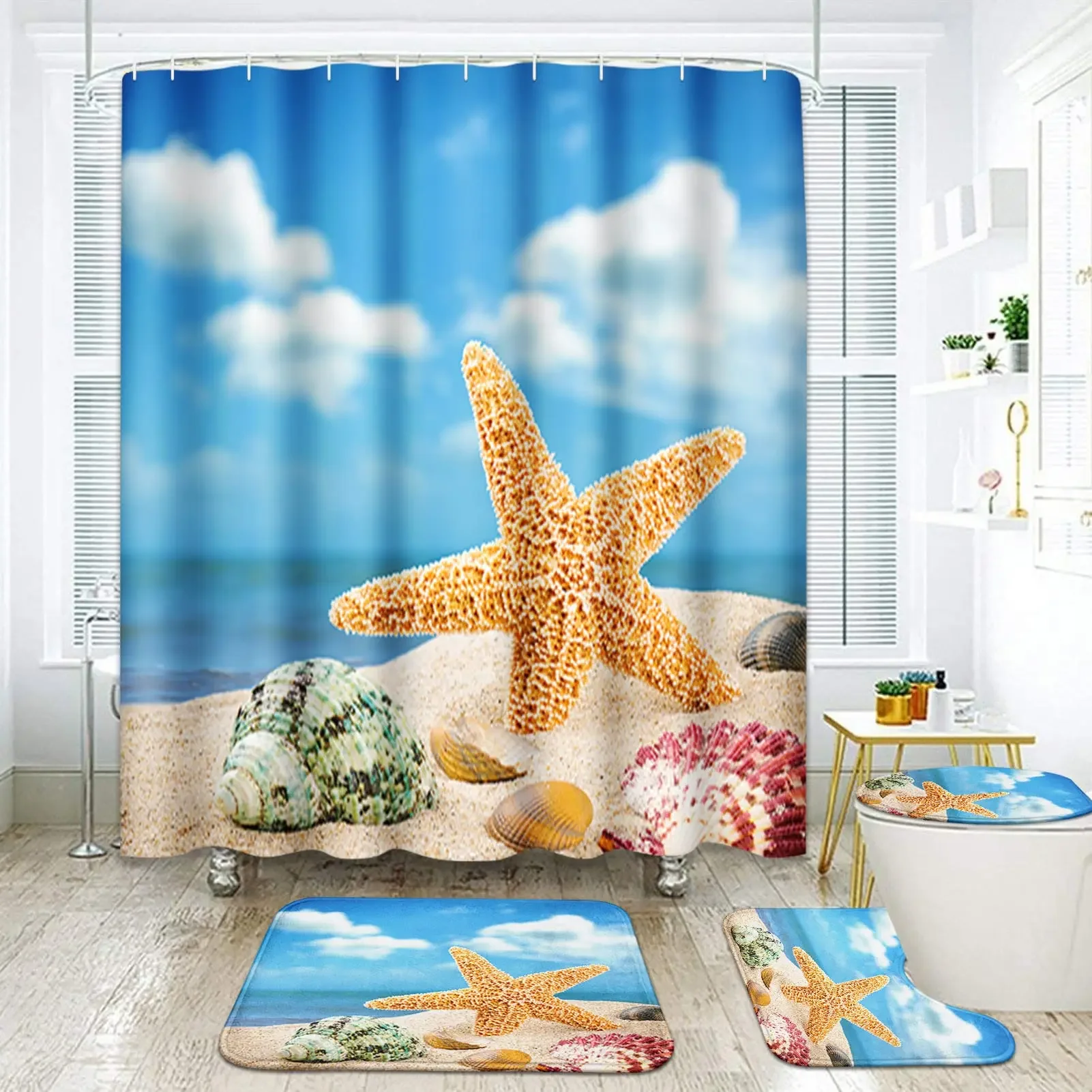 Ocean Starfish Beach Shower Curtain Set Shells Ocean Bathroom Set Waterproof Shower Curtain with Hooks Toilet Cover Mat 4Pcs/set
Ocean Starfish Beach Shower Curtain Set Shells Ocean Bathroom Set Waterproof Shower Curtain with Hooks Toilet Cover Mat 4Pcs/set