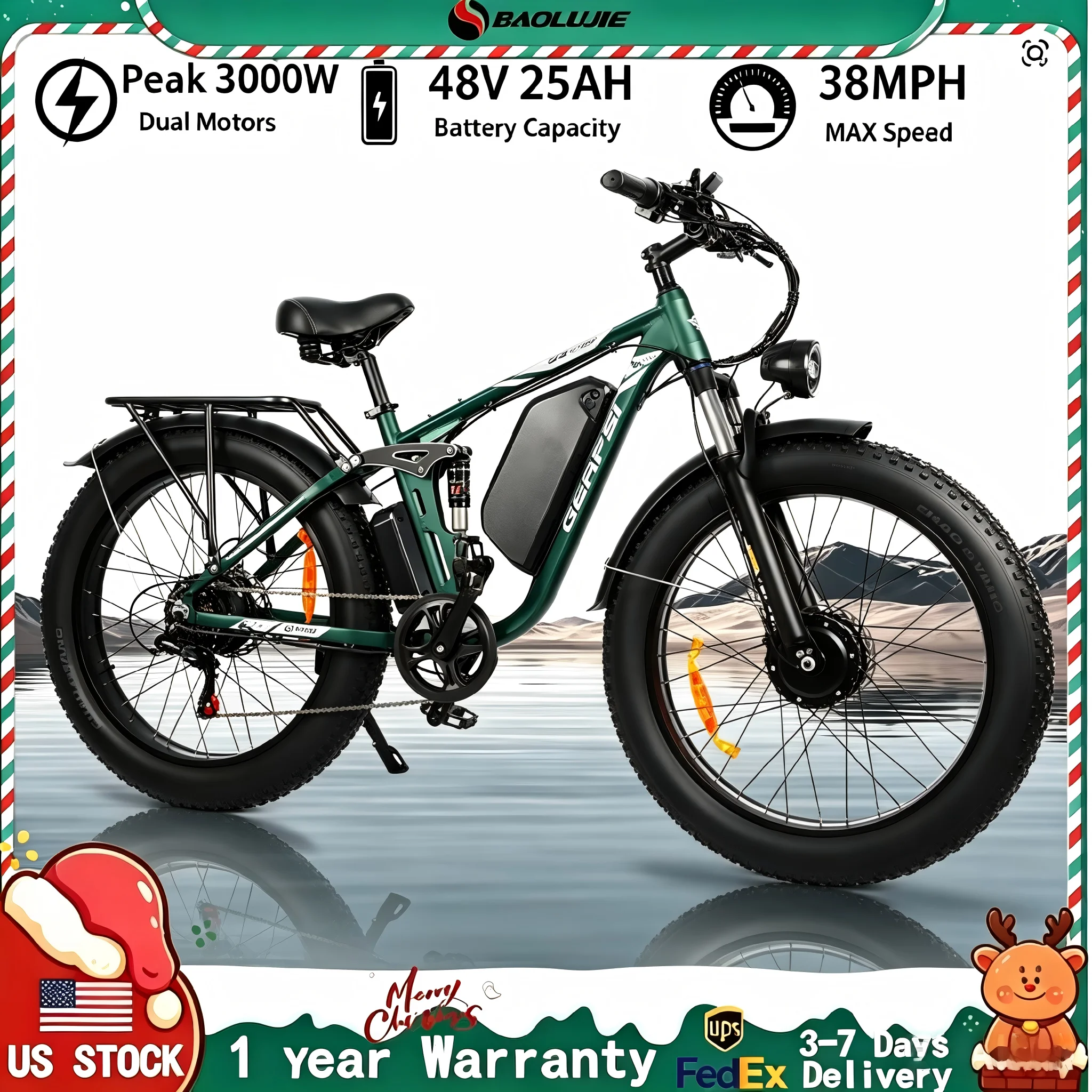 BAOLUJIE 2603 Ebikes for Adults Peak 3000W Electric Bicycle E bike 48V 25AH Dual Motor 26" Electric Bike Hydraulic Disc Brakes
BAOLUJIE 2603 Ebikes for Adults Peak 3000W Electric Bicycle E bike 48V 25AH Dual Motor 26" Electric Bike Hydraulic Disc Brakes