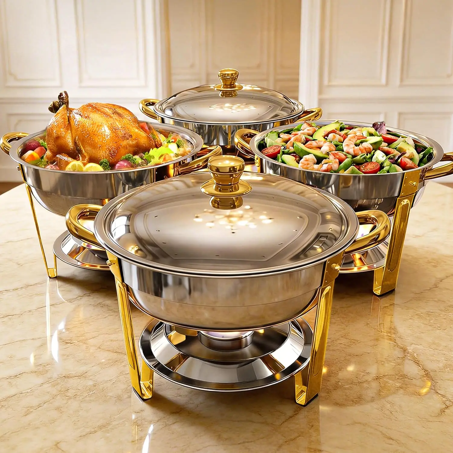 6QT Round Chafing Dish Set 4-Pack, Stainless Steel Buffet Food Warmers for Catering, Gold & Silver
6QT Round Chafing Dish Set 4-Pack, Stainless Steel Buffet Food Warmers for Catering, Gold & Silver