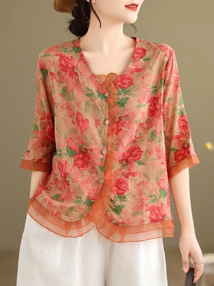 Chic Mom Floral Cotton Linen irt Women Summer Me Lace Splicing Slimming Top Thin irt V Ne Five Sve Regular Fit
Chic Mom Floral Cotton Linen irt Women Summer Me Lace Splicing Slimming Top Thin irt V Ne Five Sve Regular Fit