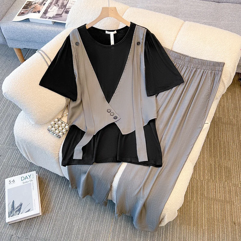 150Kg Plus Size Women's Bust 150 Summer Fake Two-Piece Top Casual Loose Straight Leg Pants Two-Piece Set 5XL 6XL 7XL 8XL 9XL
150Kg Plus Size Women's Bust 150 Summer Fake Two-Piece Top Casual Loose Straight Leg Pants Two-Piece Set 5XL 6XL 7XL 8XL 9XL