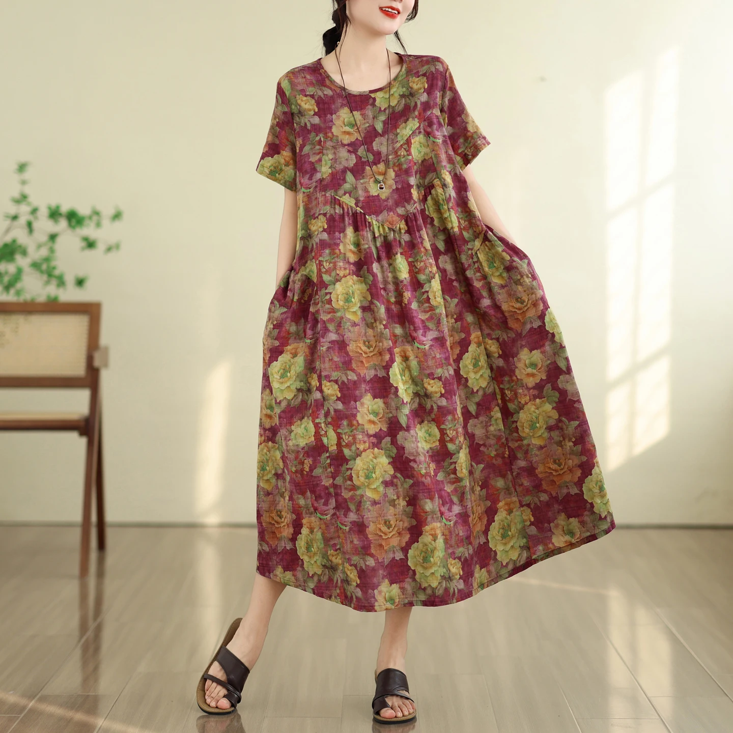 Summer New Vintage Bamboo Fiber Loose A-Line Dress Women's round Neck Pocket Short Sleeve Long Dress Artistic Style High Waist
Summer New Vintage Bamboo Fiber Loose A-Line Dress Women's round Neck Pocket Short Sleeve Long Dress Artistic Style High Waist
