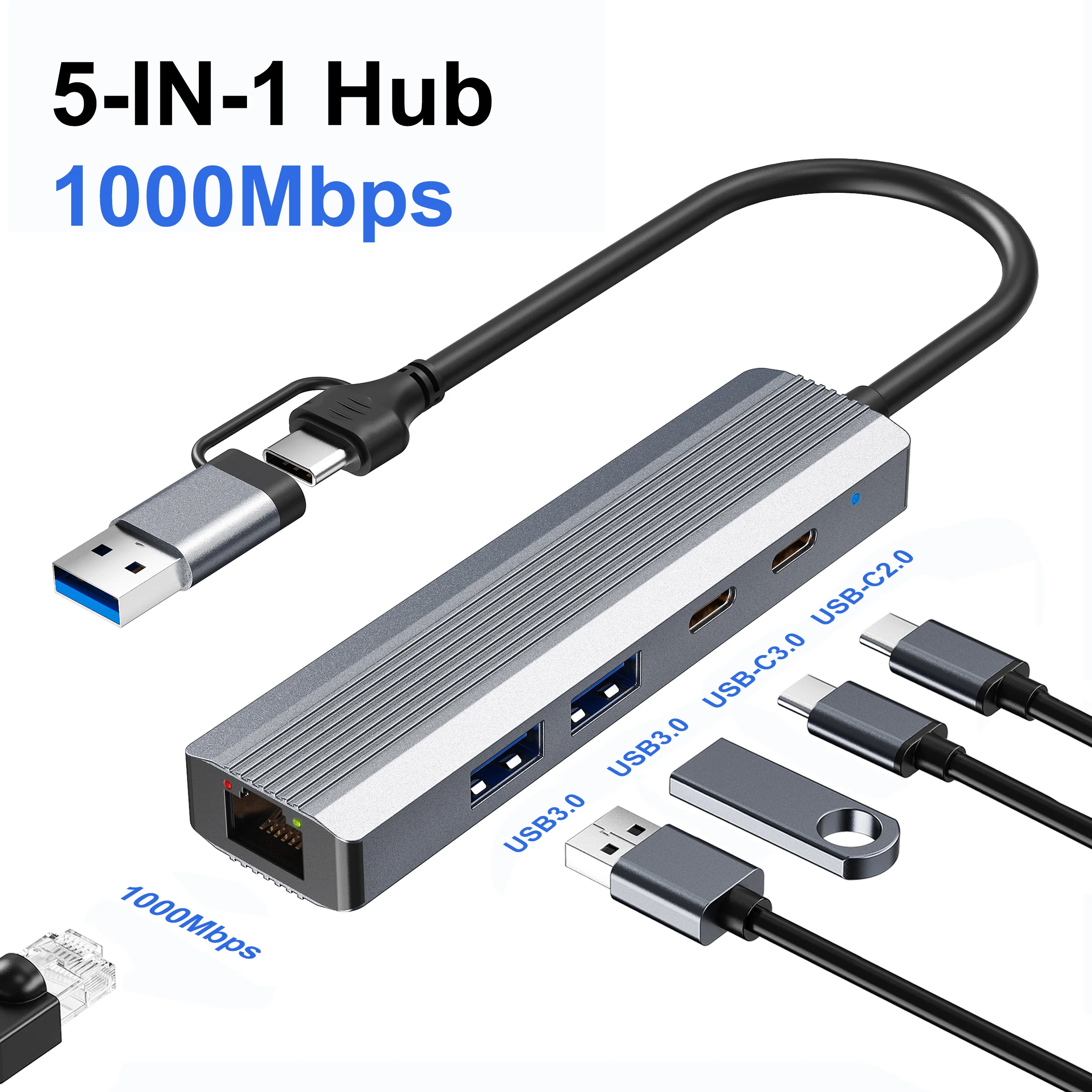 USB C Docking Station 5-in-1 USB3.0 Splitter Adapter, 1000Mbps Network Hub, 5Gbps Type C Data Port, for MacBook iPad iPhone
USB C Docking Station 5-in-1 USB3.0 Splitter Adapter, 1000Mbps Network Hub, 5Gbps Type C Data Port, for MacBook iPad iPhone