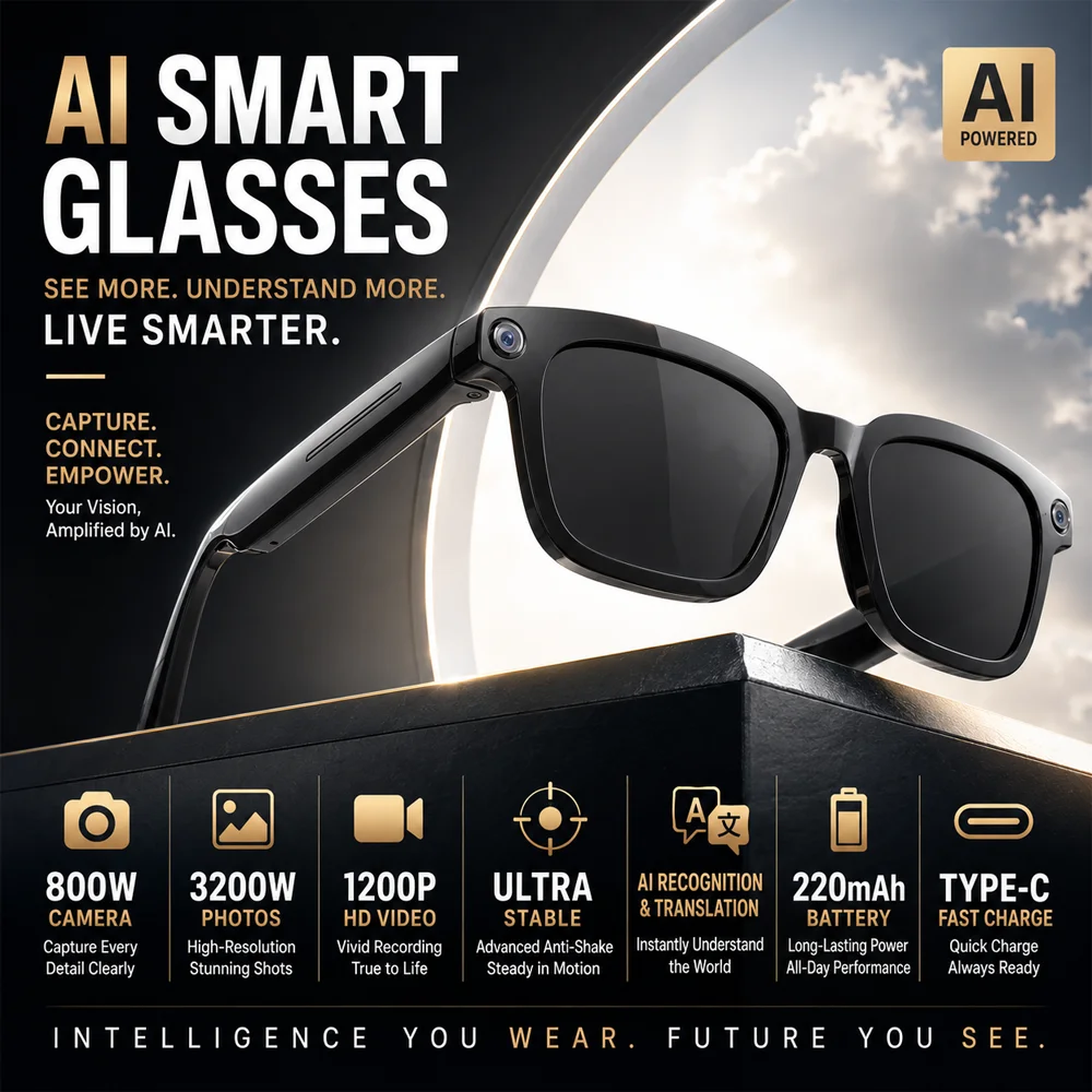 Color-changing Lens Smart Glasses 800W HD Camera AI Smart Shooting 3C Fast Charging AI Image Recognition AI Translation
Color-changing Lens Smart Glasses 800W HD Camera AI Smart Shooting 3C Fast Charging AI Image Recognition AI Translation