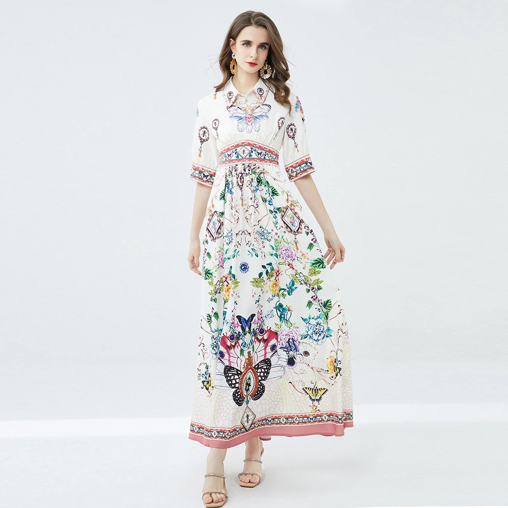 Banulin Fashion Runway Summer Dress Women Lapel Collar Beading Short Sleeve Flower Printed High Waist Long Vacation Dress N603
Banulin Fashion Runway Summer Dress Women Lapel Collar Beading Short Sleeve Flower Printed High Waist Long Vacation Dress N603