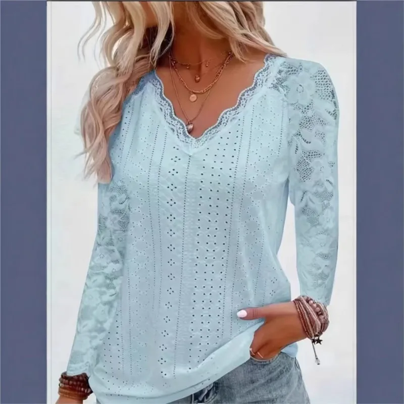 Simple Women's Spring Autumn Long Sleeved Top Fashion Hollowed Out Design Lace V-neck Loose Shirt Lady Elegant Versatile Blouses
Simple Women's Spring Autumn Long Sleeved Top Fashion Hollowed Out Design Lace V-neck Loose Shirt Lady Elegant Versatile Blouses