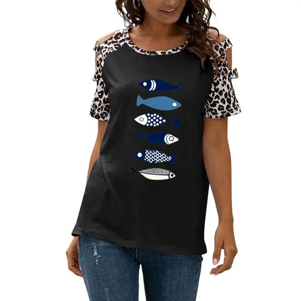 Women's round Neck T-shirt Multi-Fish Print Stitching Leopard Pattern Casual Hollow Short Sleeve European American Style
Women's round Neck T-shirt Multi-Fish Print Stitching Leopard Pattern Casual Hollow Short Sleeve European American Style
