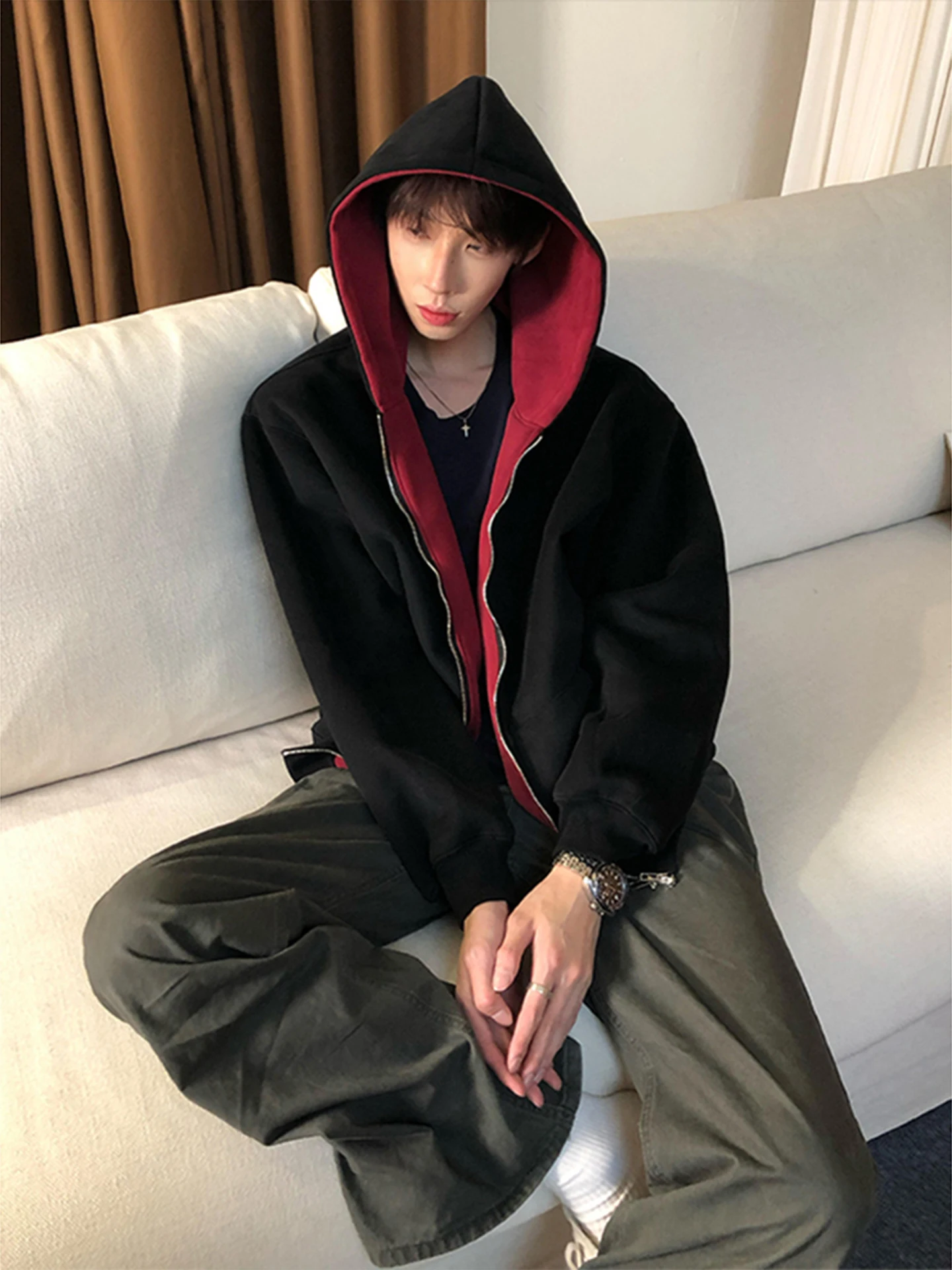 Bla Contrast Color Hooded Jaet Men's Autumn American Design Zipper Open Cardigan Sweatirt Cleanfit Haome Top
Bla Contrast Color Hooded Jaet Men's Autumn American Design Zipper Open Cardigan Sweatirt Cleanfit Haome Top