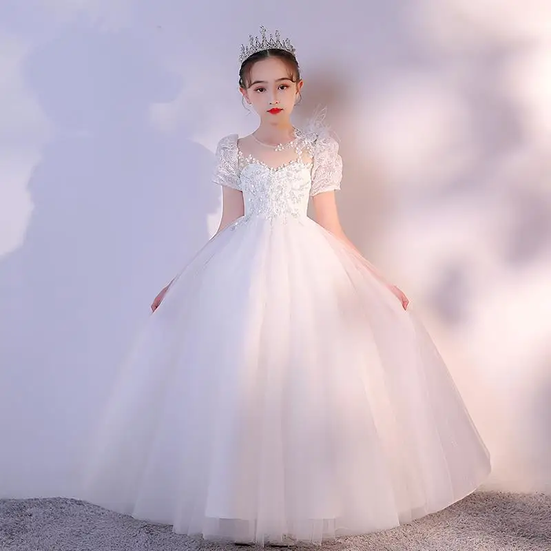 Girls Princess Dresses White New Summer Flower Girl Wedding Dress Round Neck Prom Gowns Lace Sleeve Gown Long Pageant Customized
Girls Princess Dresses White New Summer Flower Girl Wedding Dress Round Neck Prom Gowns Lace Sleeve Gown Long Pageant Customized